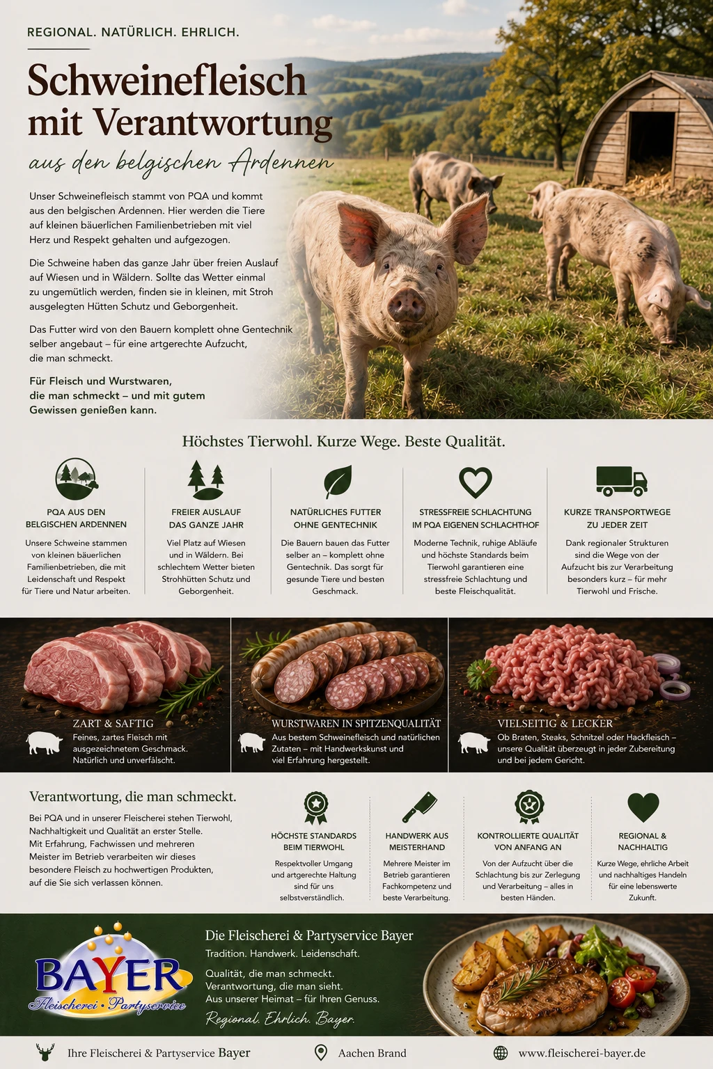 Kundenflyer der Fleischerei Bayer über verantwortungsvoll erzeugtes Schweinefleisch aus den belgischen Ardennen